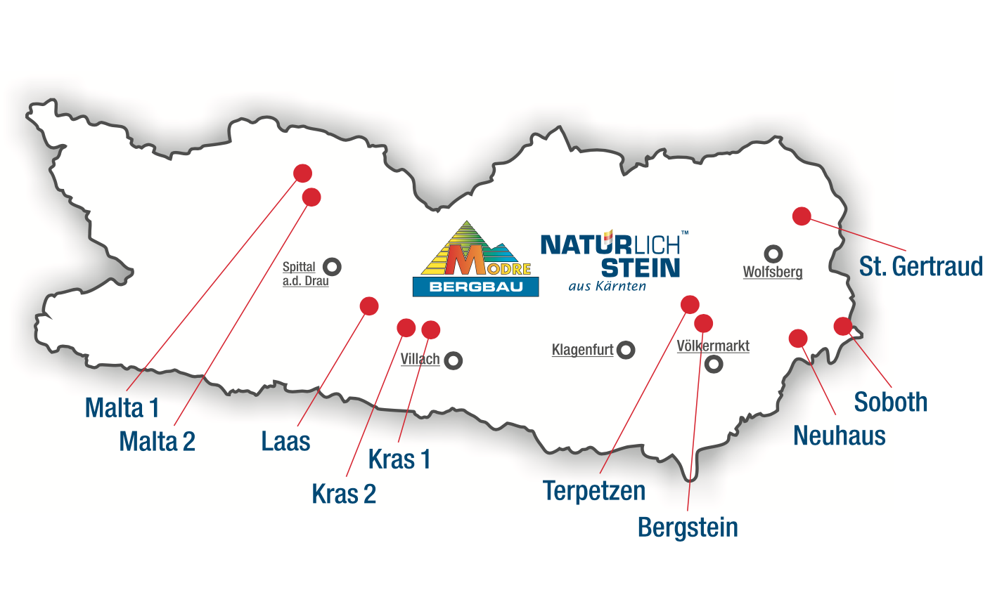 Karte von Kärnten mit Standorten der Firma Natürlich Stein, inklusive Markierungen wie Malta, Terpetzen, St. Gertraud