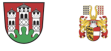 Wappen mit drei weißen Burgtürmen auf rotem Grund und grünem Sockel Farbiges Wappen mit Helmzier, gold-roten Ornamenten und geteiltem Schild mit rot-weißem und schwarzem Löwen-Motiv